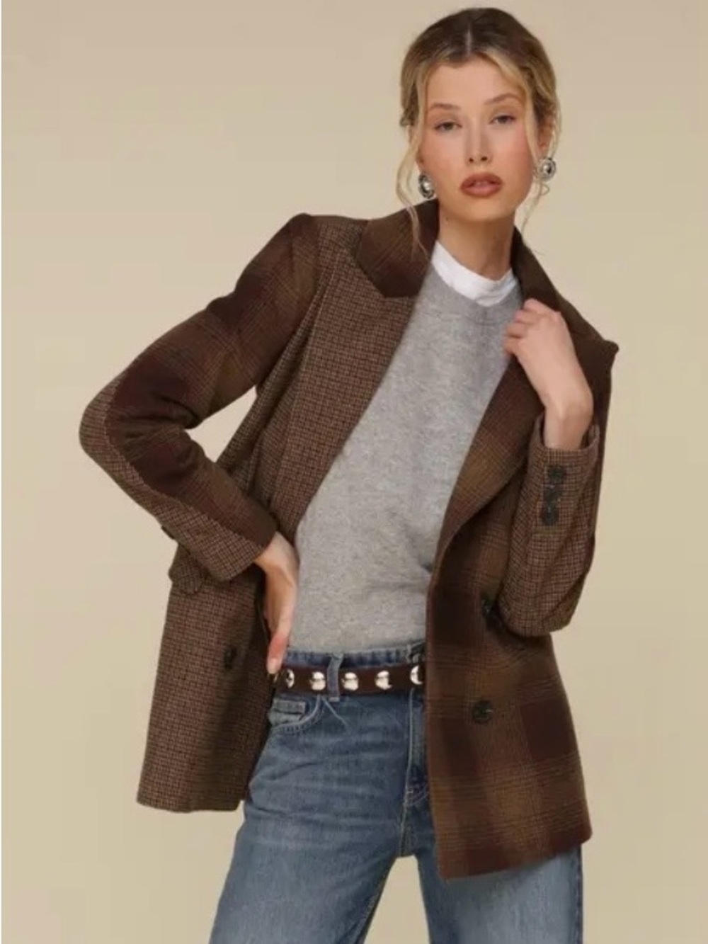 Avec Les Filles Brown Plaid Blazer Jacket